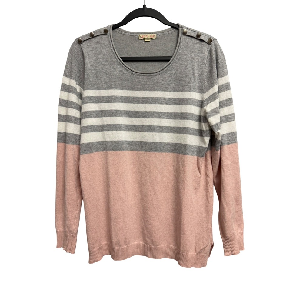 It's Our Time Womens XL Sweater Grey Pink Striped Button Shoulder J71199 Jumper